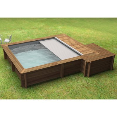 Sylt Holzpool Set, Massivholz Pool 422 x 355 x 133 mit integrierter Abdeckung, Sandfilteranlage, Wrmepumpe