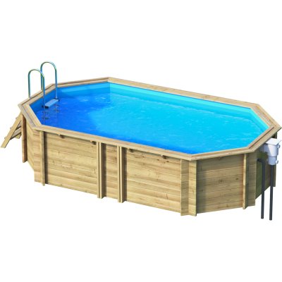 Holzpool Set Tropical Dream 450 Octo, Massivholz Pool 452 x 313 x 120 mit Skimmer, LED Beleuchtung, Badeleiter, Sandfilteranlage, Wrmepumpe und Abdeckung