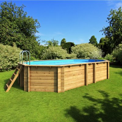 Holzpool Set Tropical Dream 510 Octo, Massivholz Pool 495 x 345 x 120 mit Skimmer, LED Beleuchtung, Badeleiter, Sandfilteranlage, Wrmepumpe und Abdeckung