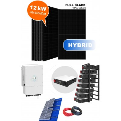 12.000 Watt Full Black Hybrid Solaranlage, dreiphasig inkl. 28,8 kWh Batterierspeicher, Wechselrichter und Montagematerial